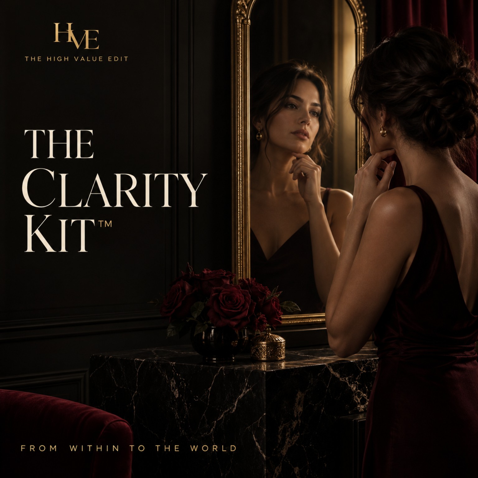 The Clarity Kit editorial cover showing a woman in burgundy contemplating her reflection in a gilt mirror